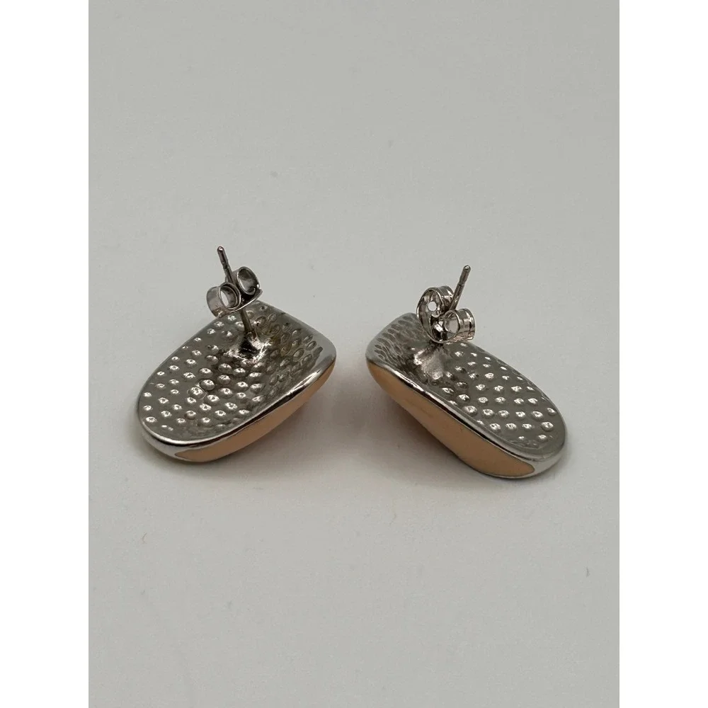 Vintage Tan Cream Enamel Teardrop Stud Earrings Silver Tone Textured Back